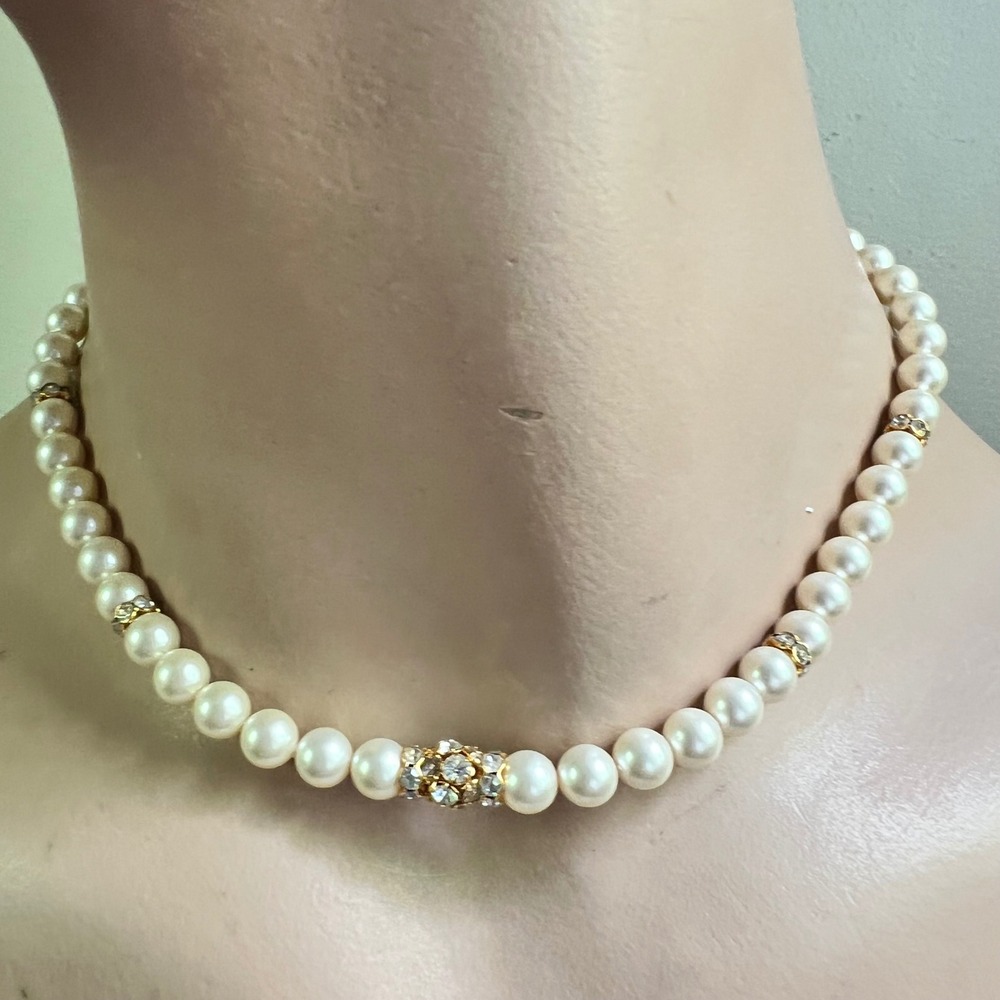 Vintage Faux Pearl Choker Necklace Gold Rhinestone Ball Clasp 16.5 Inch Coquette